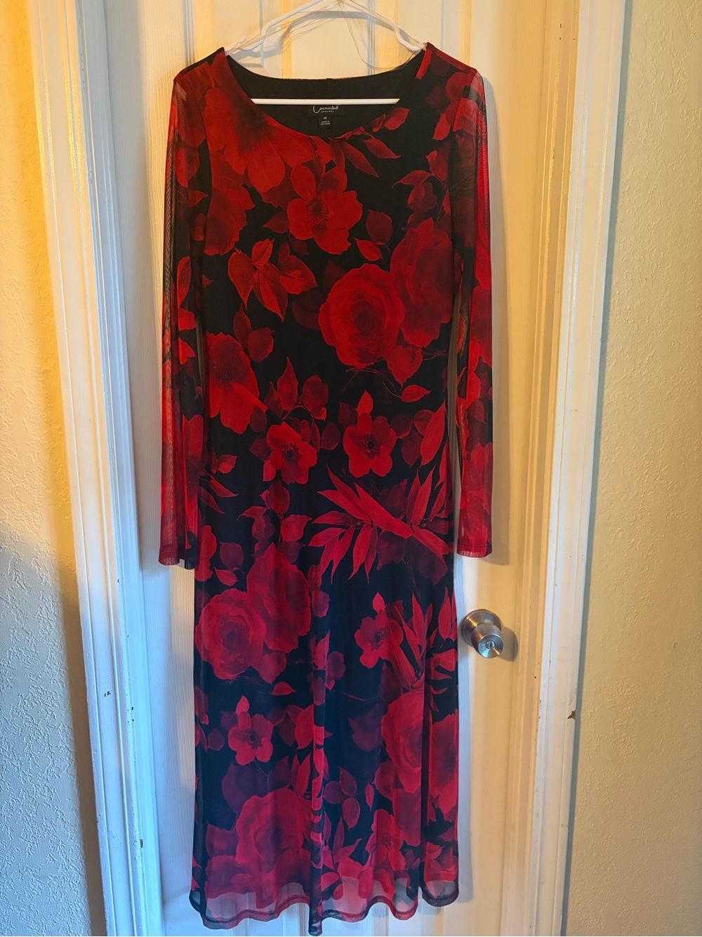 Red Floral Long-Sleeve Midi Dress